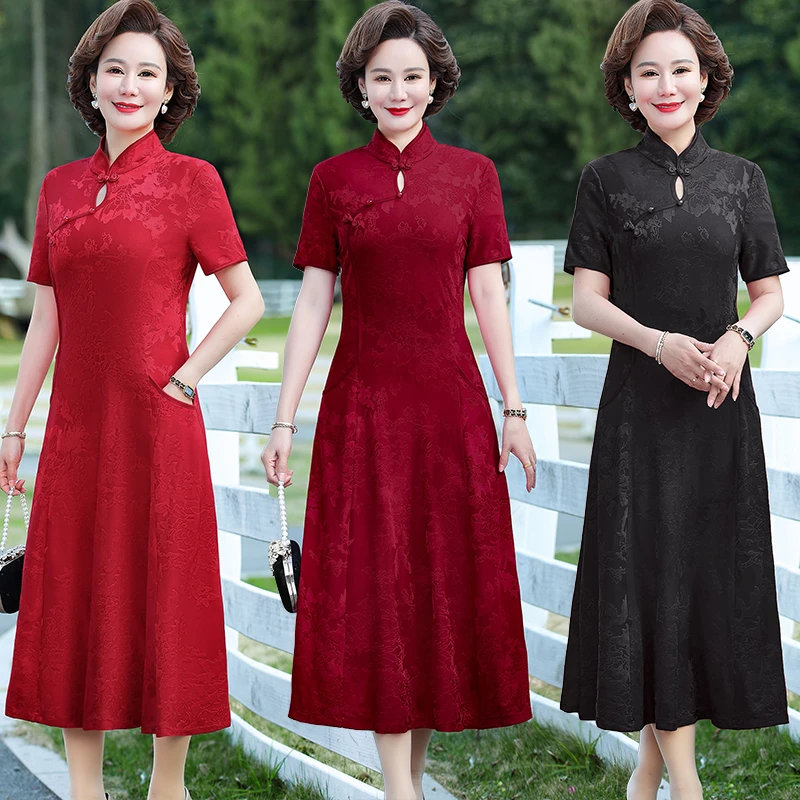 中老年妈妈装夏季新款短袖连衣裙复古显瘦时尚改良旗袍中长款裙子