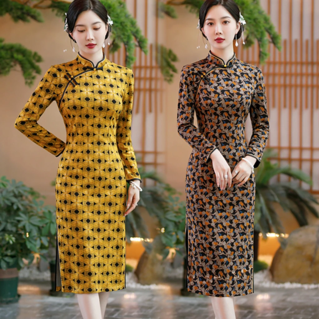 春秋新款复古中国风旗袍连衣裙修身显瘦气质妈妈装长袖日常走秀