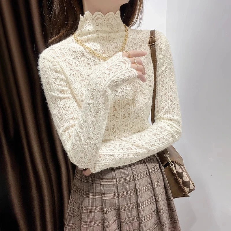 欧货蕾丝打底衫女2023新款网红高领洋气配毛衣内搭高端网纱上衣