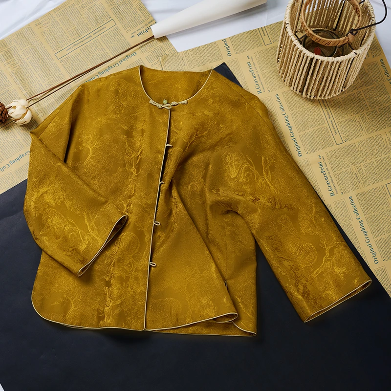 【Y35509】新中式女装真丝香云纱外套重磅提花复古国风金色气质上衣
