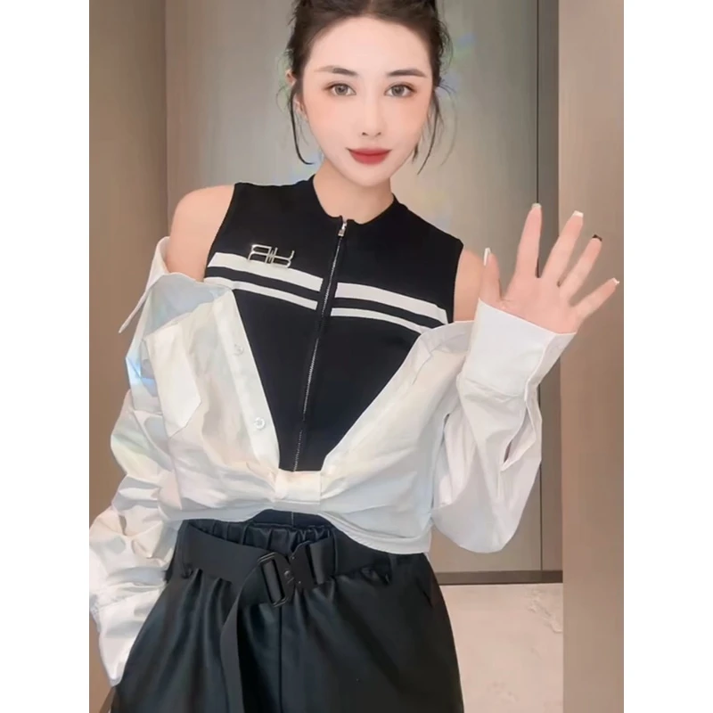LEL3/23年秋季露肩假两件衬衫欧货时尚百搭短款小个子设计感上衣