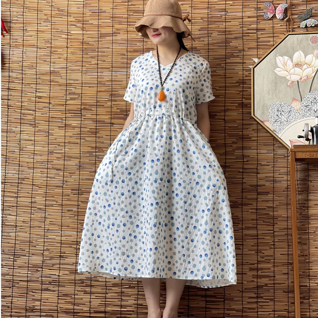 新款夏季短袖复古民族风印花天丝麻V领大裙摆连衣裙