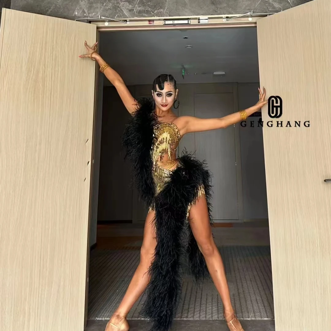 GH舞服黑金驼毛款拉丁服装赛服定制可改色气质