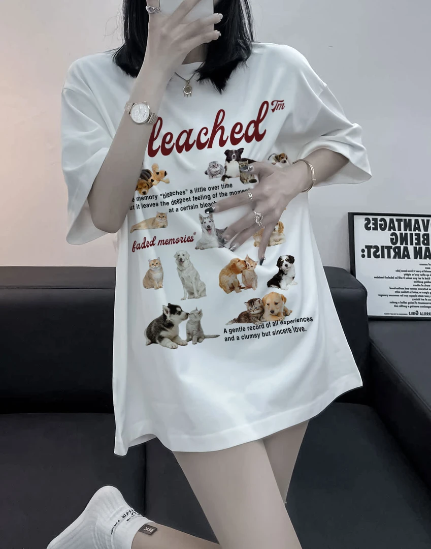 40S精梳棉夏季百搭宽松ins猫咪修狗短袖T恤女美式甜酷男友风上衣