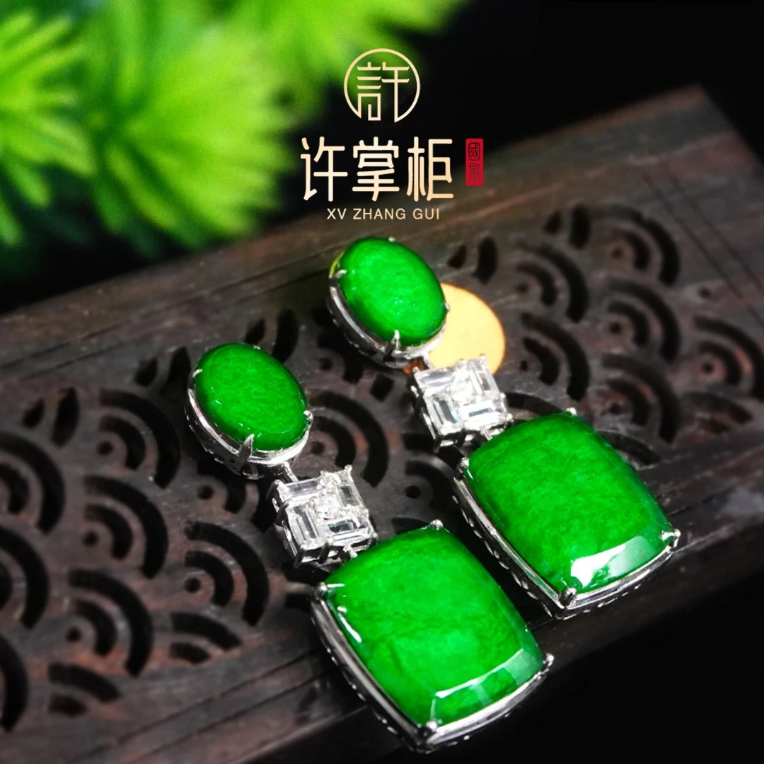 许掌柜｜18K金镶嵌耳钉长款耳饰天然缅甸翡翠A货原创设计气质百搭