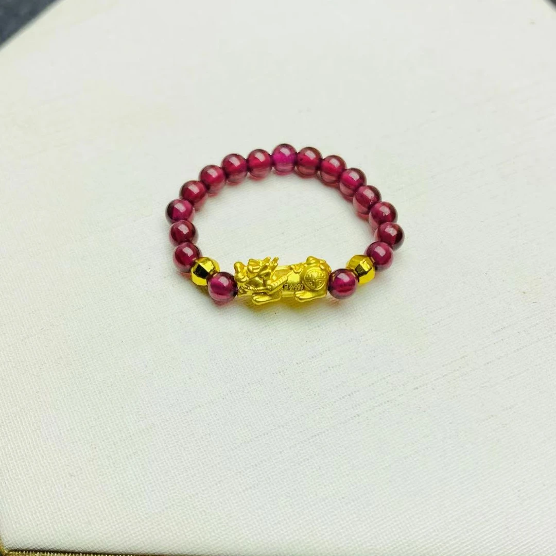 【黄金补贴】足金黄金貔貅款石榴石配貔貅戒指戒圈