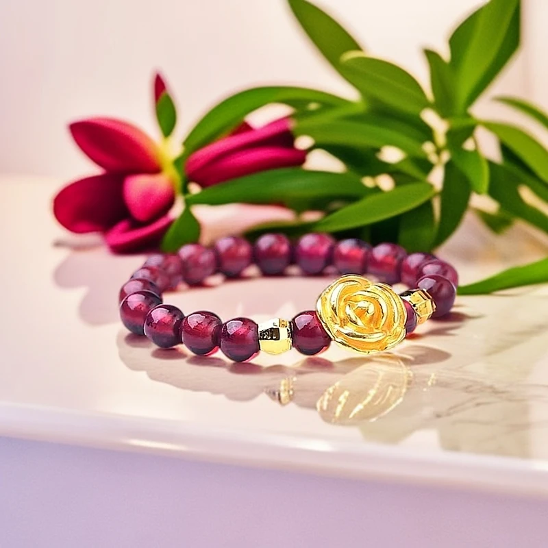 【黄金补贴】足金黄金玫瑰花石榴石配玫瑰花戒指戒圈