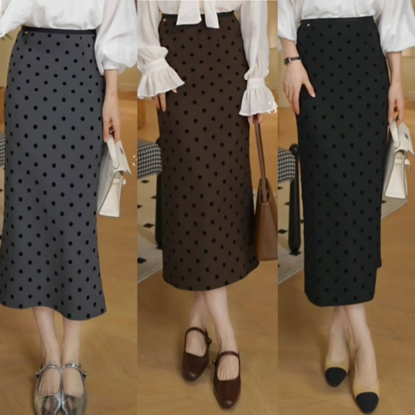 【2个裙长】2024秋季波点时尚百搭开叉加厚显瘦半身裙裙高腰JM555