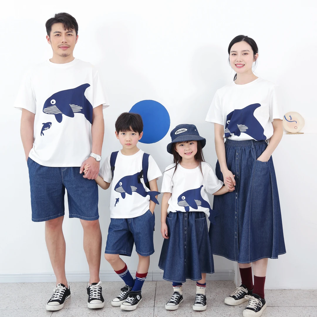 以匠 2024夏装新款纯棉T恤鲸鱼母子女亲子装海洋馆一家三口四口装