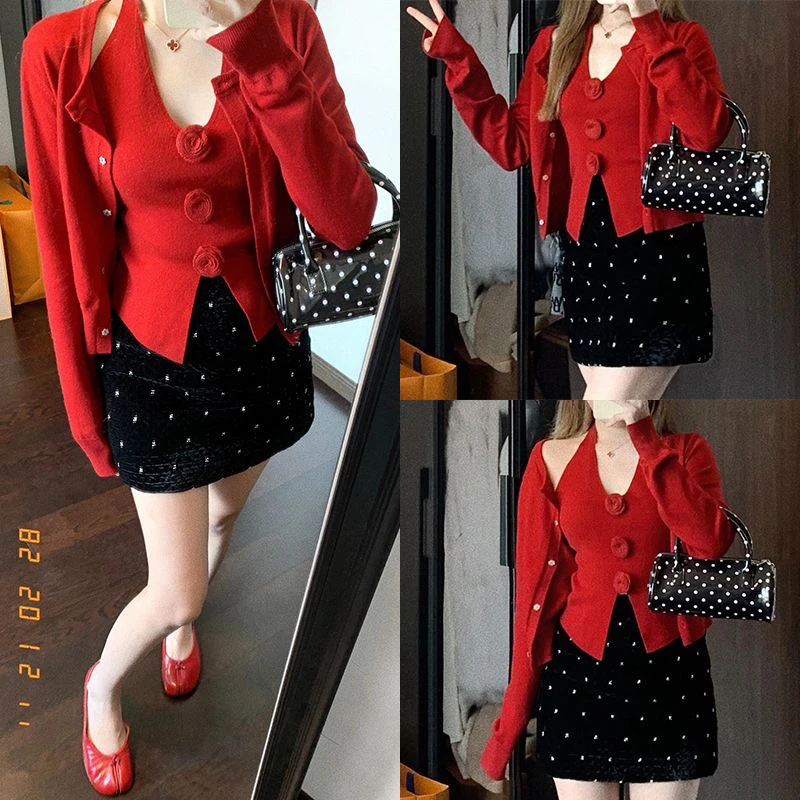 【金妮家小香风】吊带针织开衫毛衣套装