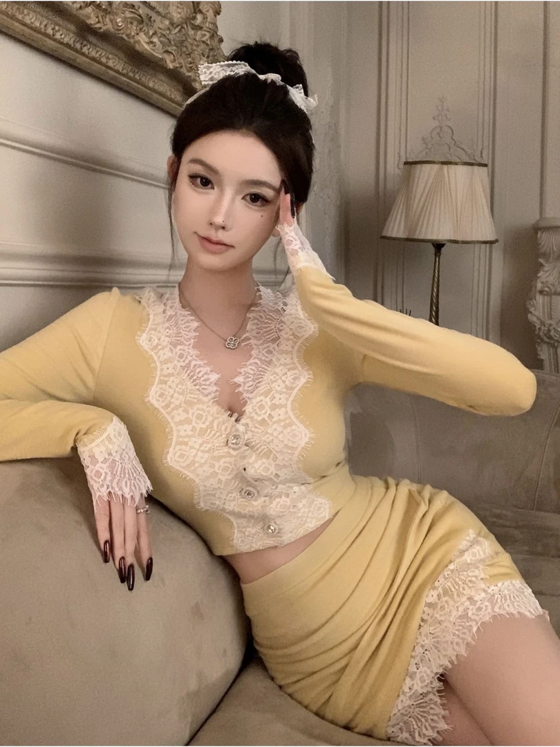 【金妮家】纯欲风套装蕾丝花边v领长袖针织开衫上衣女性感包臀