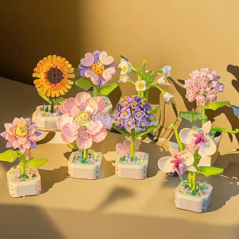 网红永生花积木盆栽花束多肉益智拼装花朵玩具摆件女生日六一礼物