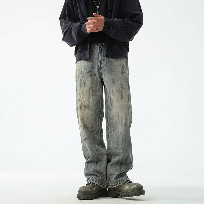 【Zmax】美式复古vintage泼墨做旧牛仔裤男潮牌直筒水洗高街裤子