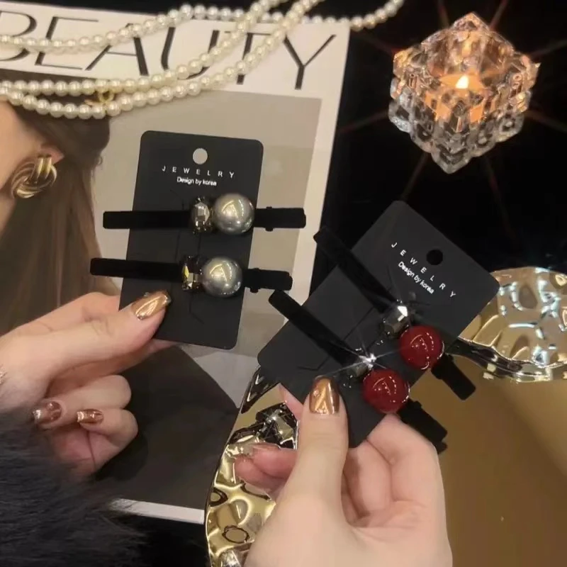 安可拉红珠珠闪钻植绒发夹边夹侧边碎发夹女一字刘海夹气质发卡子