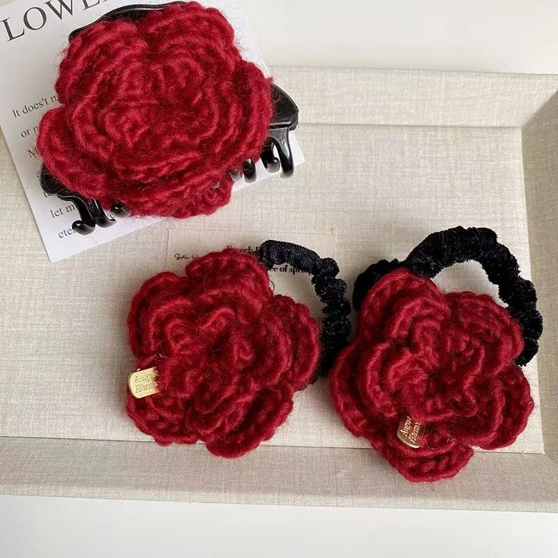 时尚红色玫瑰花发圈鲨鱼夹高颜值后脑勺盘发抓夹女丸子头发绳皮筋