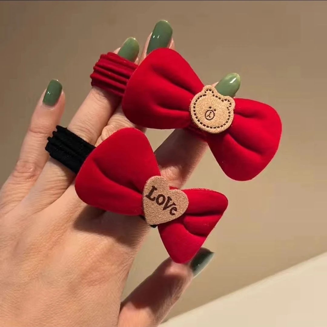 新年酒红丝绒蝴蝶结皮筋头饰发圈后脑勺氛围感碎爆款红色喜庆发饰