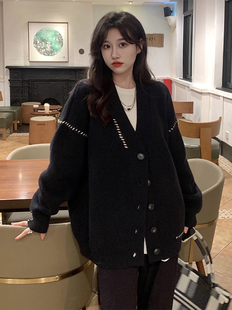 韩版慵懒风毛衣开衫外套女装2023秋冬新款设计感中长款上衣针织衫