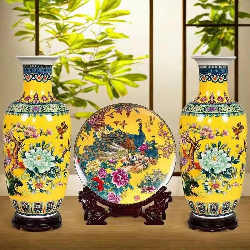 景德镇陶瓷器花瓶珐琅彩仿古中式客厅摆件送底座现代轻奢工艺品
