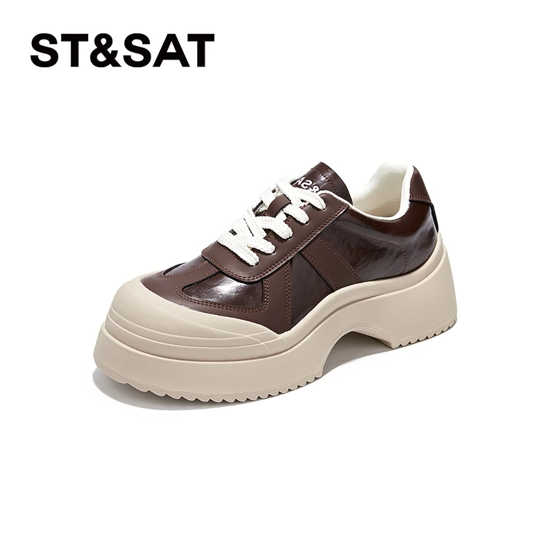 St&Sat/星期六时尚百搭秋季真皮春季厚底圆头系带复古低帮增高女