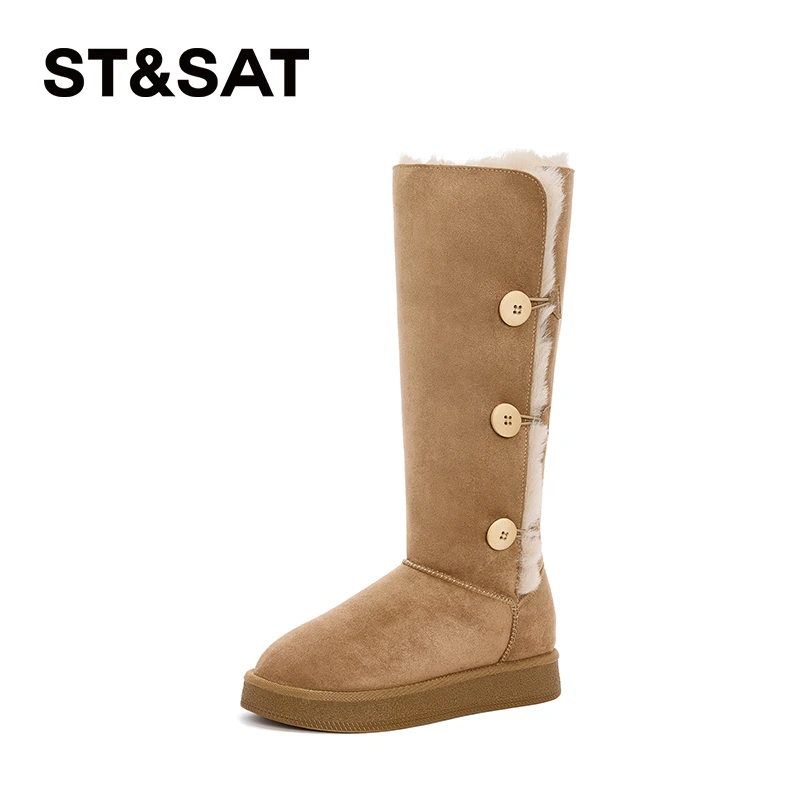 星期六长筒翻毛雪地靴女款2024冬新款时尚加绒保暖厚底休闲高筒靴