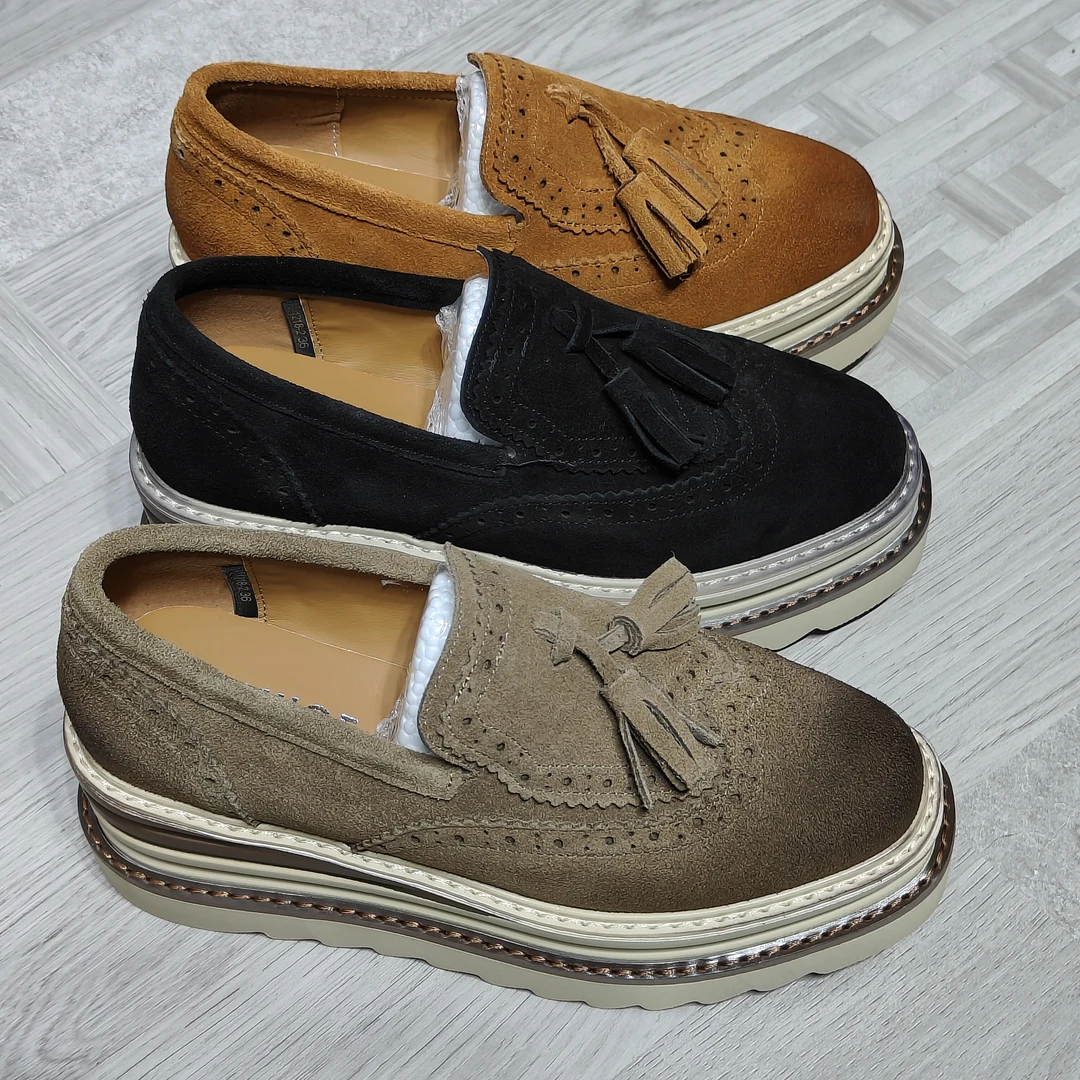 真皮秋季新款真皮松糕厚底布洛克小皮复古春秋单鞋1218-2