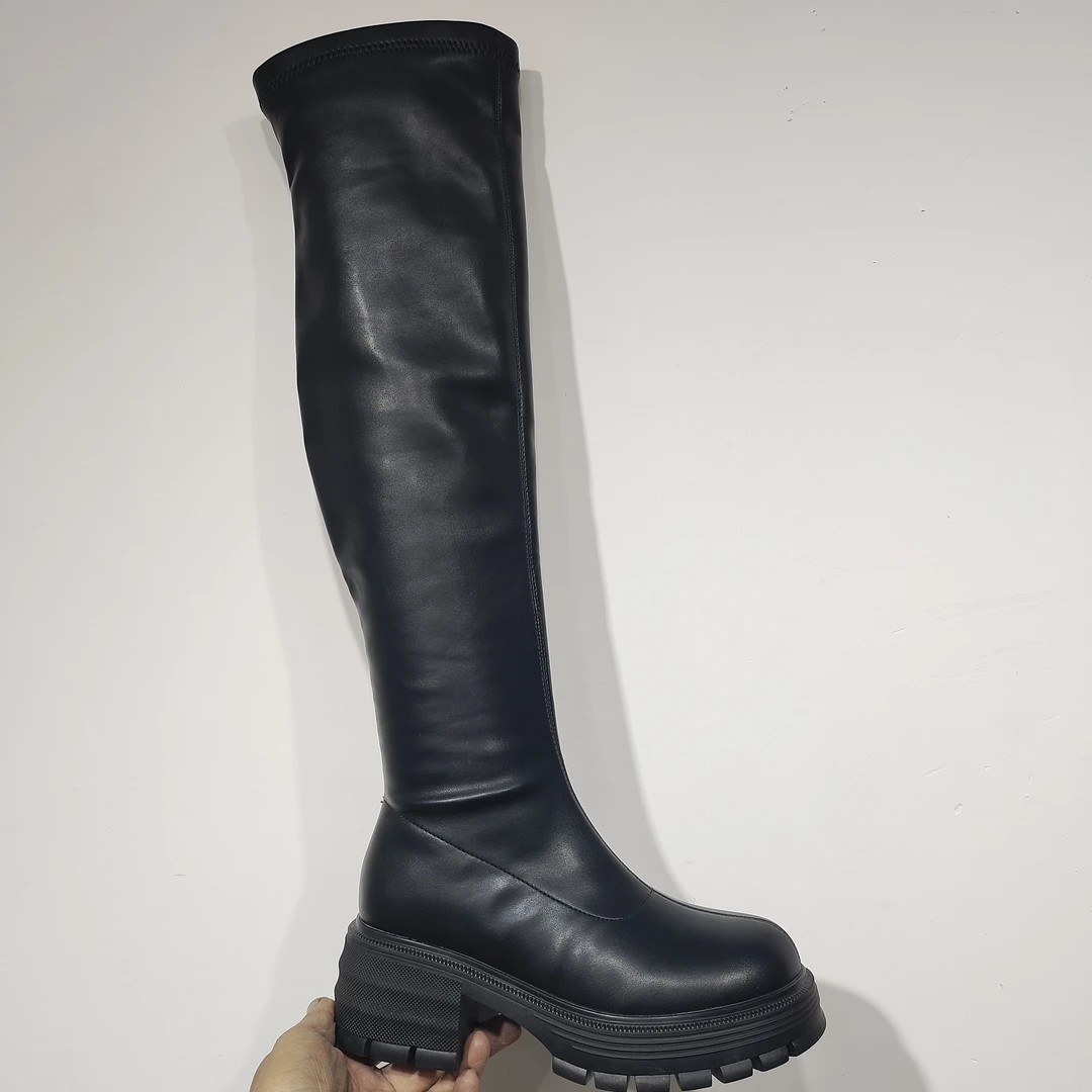 温州正版时尚长靴厚底长筒弹力靴冬季过膝黑色女士骑士时装秋冬