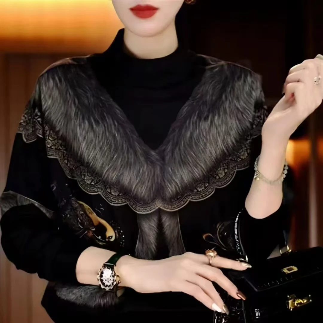 冬季新款澳绒简约洋气百搭款优雅显瘦时尚圆领上衣假披肩假两件