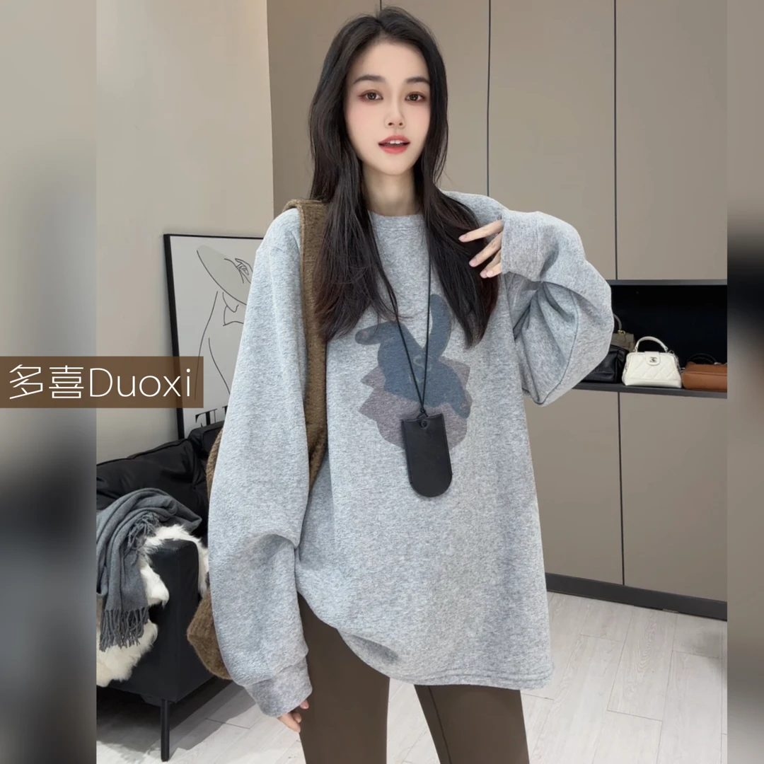 【Duoxi】"躲猫猫"冬季新品 加绒保暖套头长袖圆领上衣宽松T恤