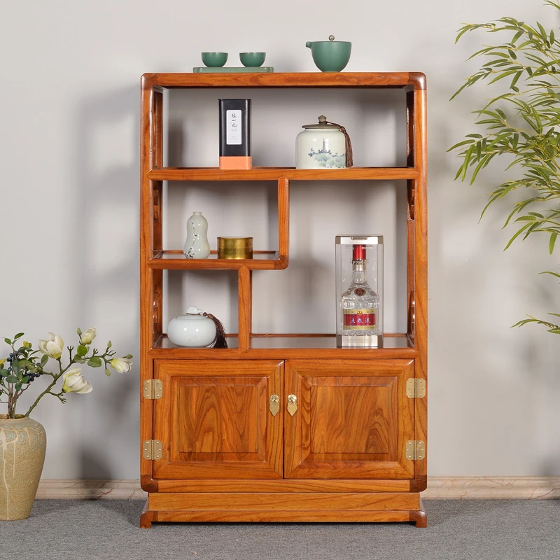 新中式榆木茶叶柜置物架柜实木茶水柜餐边柜实木茶桌边柜现代简约