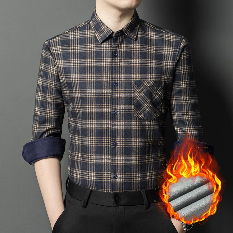 商务男士休闲条纹加绒长袖衬衫2024秋冬新款中年加厚宽松版型