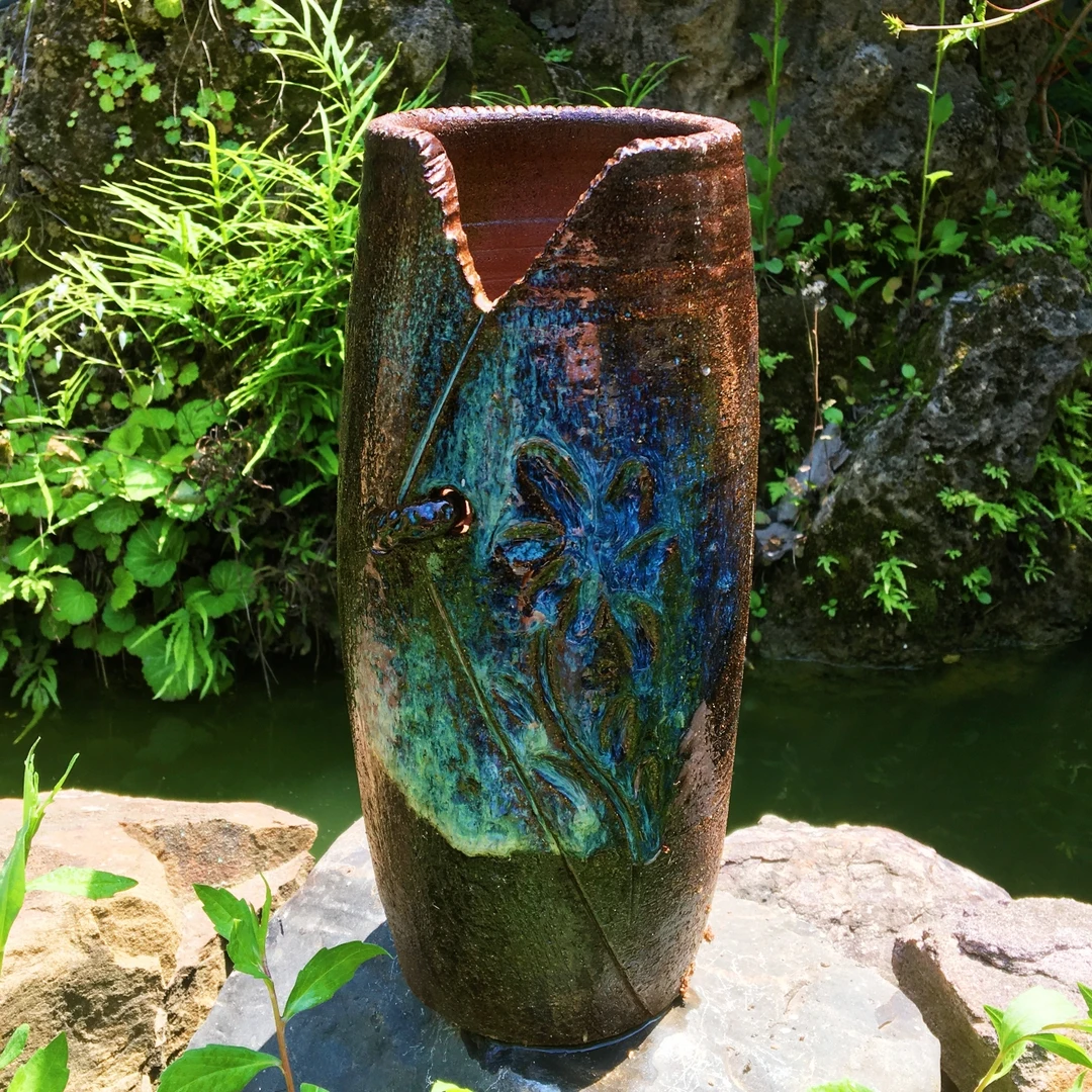 柴烧多肉花盆宝石蓝窑变(口径11高度27cm)