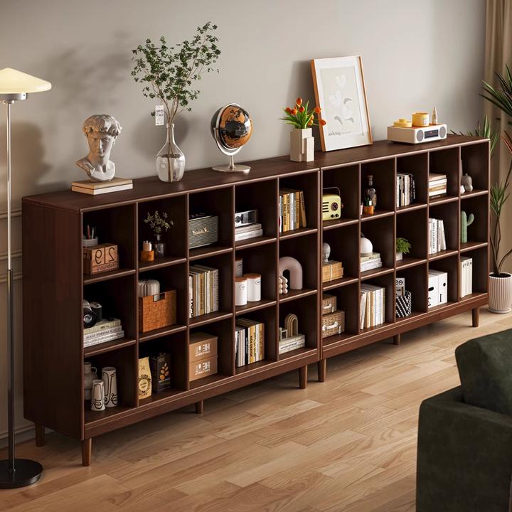 2024新款全实木书架胡桃木色格子柜置物架落地客厅矮柜子储物一体