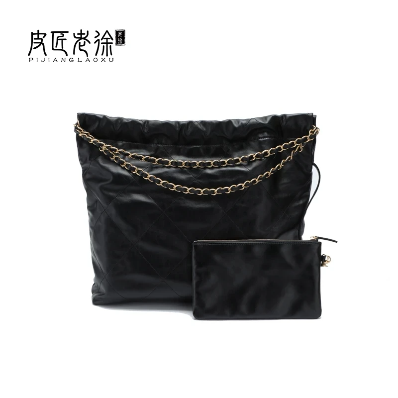 皮匠老徐黑色单牛皮单肩通用束口水桶包流浪包垃圾袋LC-LJD
