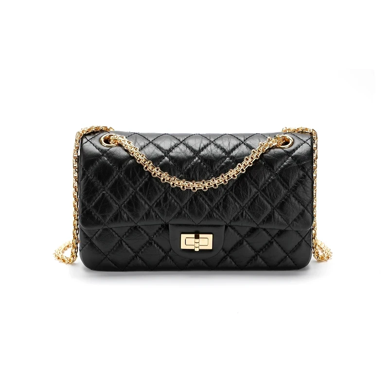 时尚小香风头层牛皮单肩女包黑色菱格链条包221082 221083