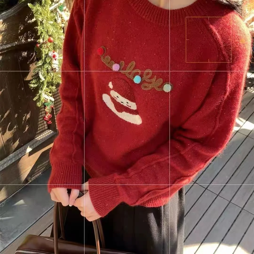 时尚洋气红色喜庆长袖女款秋冬宽松针织百搭加厚圆领套头毛衣上衣