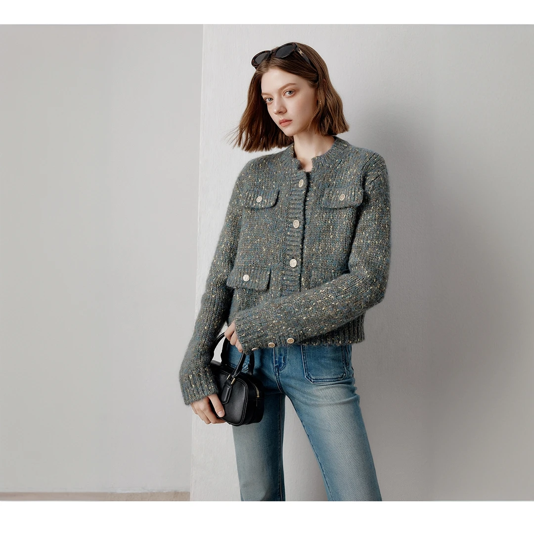 法曼萱法式小香风羊毛混纺针织外套女小个子2024冬季新款重工上衣