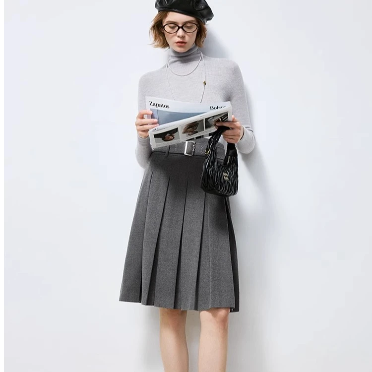 【法曼萱官方】时髦知识分子风时尚半身裙精纺羊毛混色垂挺百褶半裙