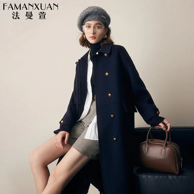 法曼萱藏青双面羊毛大衣女秋冬新款韩版时尚气质双面毛呢外套宽松