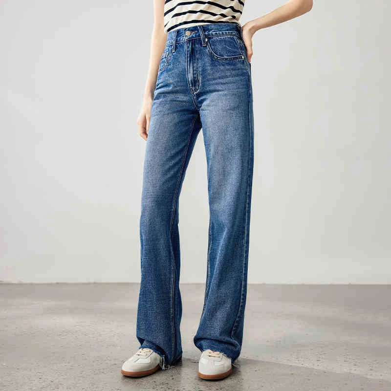 法曼萱蓝色时尚棉直筒牛仔裤女小个子2025春季新款气质高级感长裤