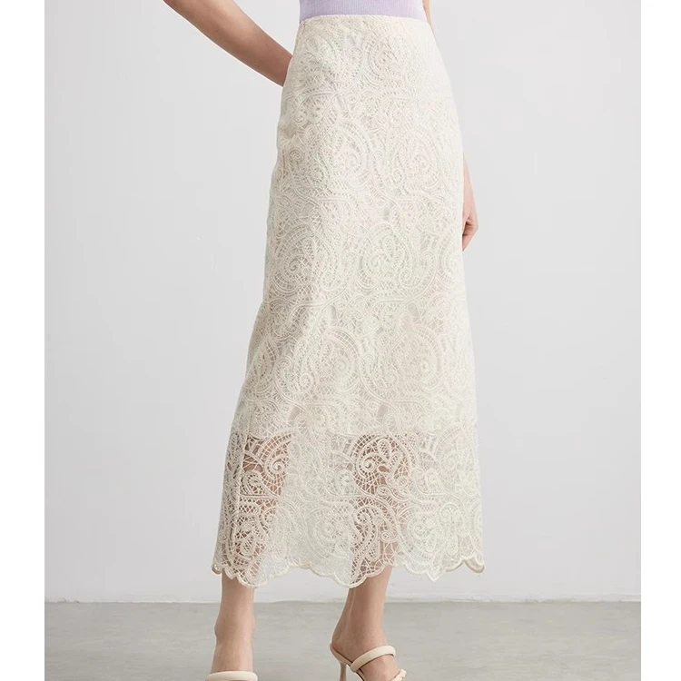 法曼萱蕾丝花边镂空半身裙女小个子2024夏新款气质高腰a字中长裙