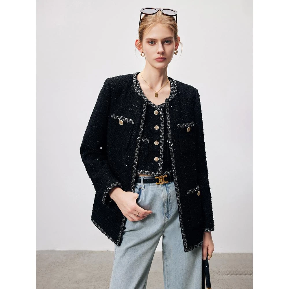 法曼萱黑色法式高定小香风外套女春季时尚复古轻奢气质粗花呢上衣