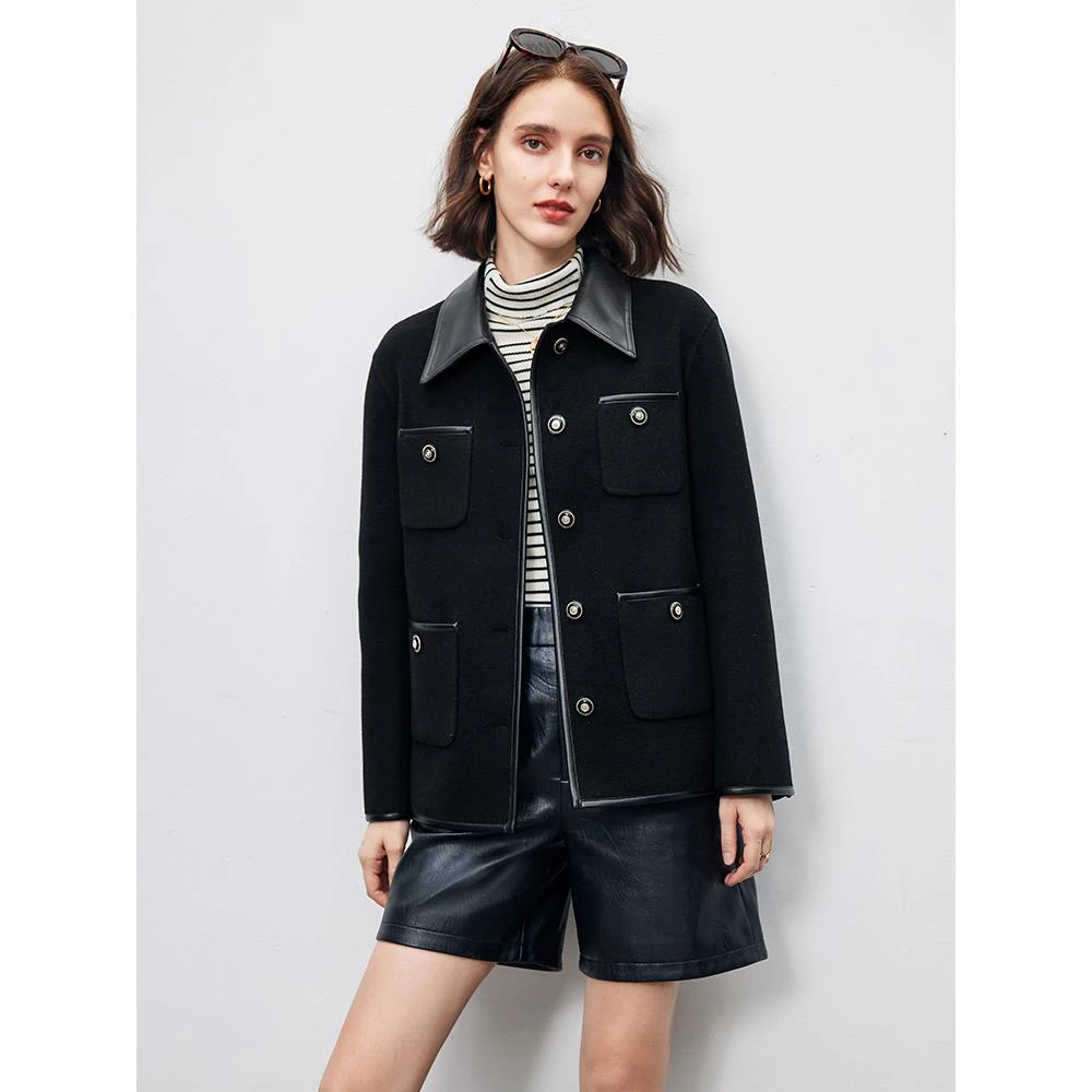 法曼萱黑色高端羊毛大衣女2023秋冬新款气质高级感外套DYO1879