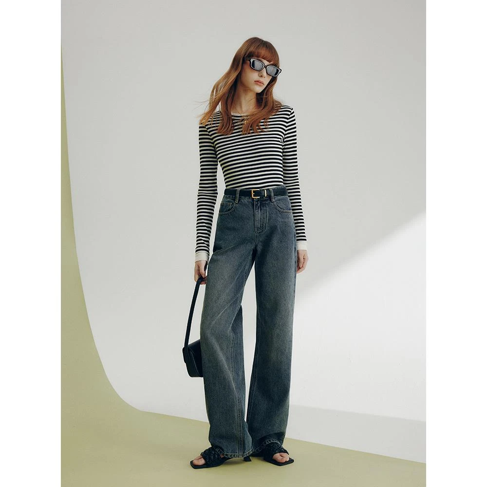 法曼萱复古蓝宽松直筒牛仔裤小个子女百搭高腰显瘦阔腿长裤设计感