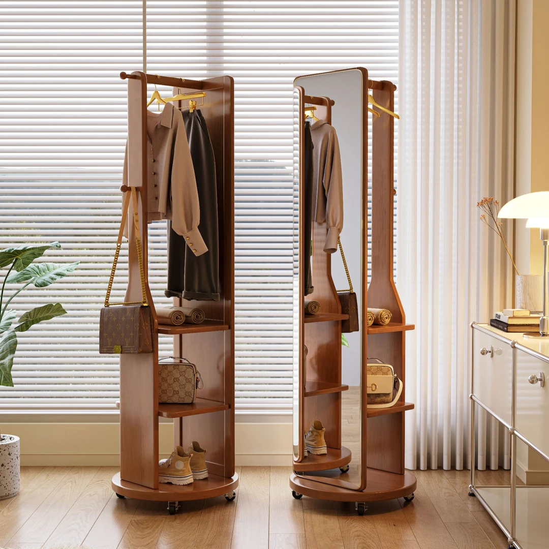 实木衣帽架带镜子一体家用可旋转穿衣镜全身镜落地多功能挂衣服架