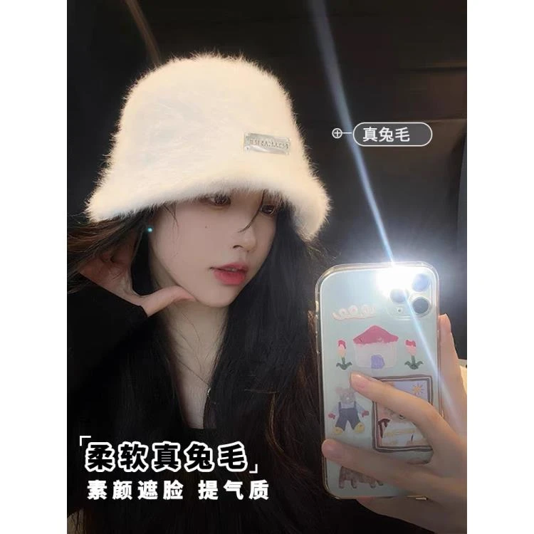 爆款渔夫帽真免毛显脸小大头围盆帽网红针织百搭保暖韩版时尚