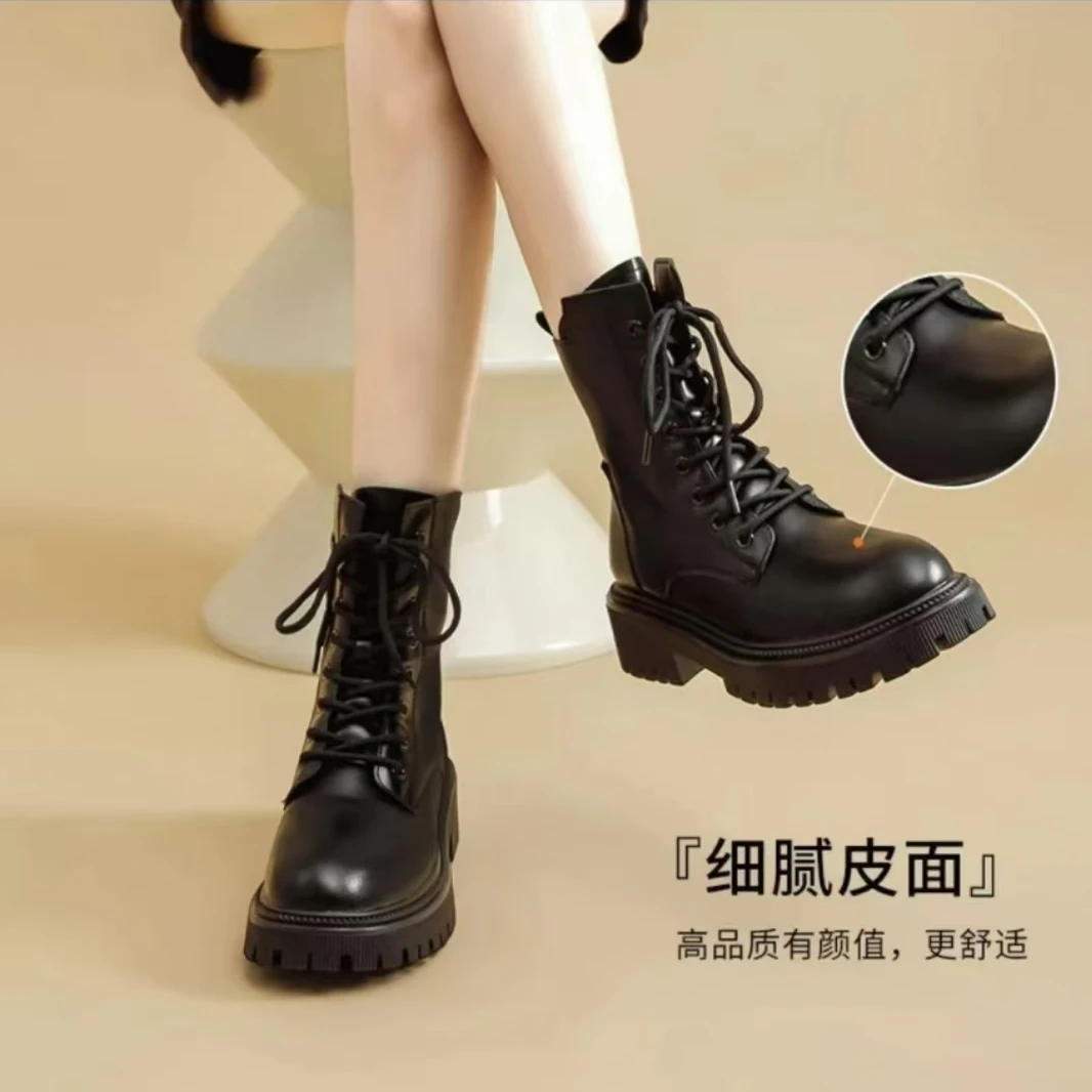 马丁靴女款2024年新款冬季加绒厚底系带增高短靴女士高品质