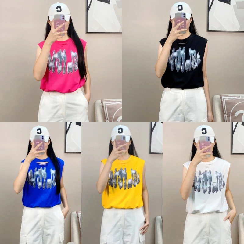 广场舞夏季新款破洞无袖抽绳弹力棉上衣宽松显瘦百搭运动透气上衣