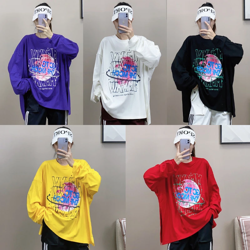 秋冬新款 嘻哈风开叉拼色印花款大版套头T桖 男女同款长袖上衣