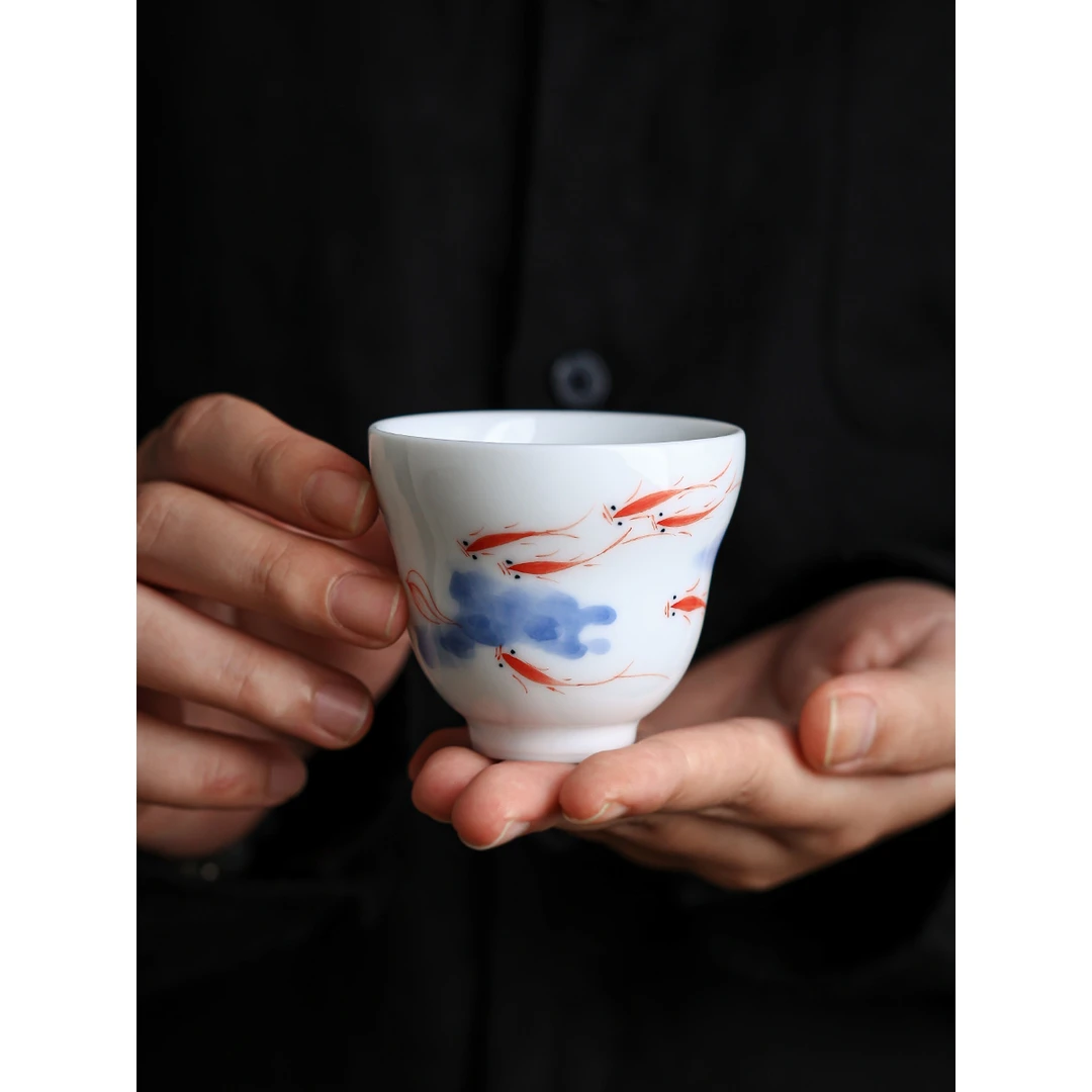 纯手绘墨画鱼戏福禄茶杯个人专用主人杯陶瓷功夫茶具中式品茗单杯