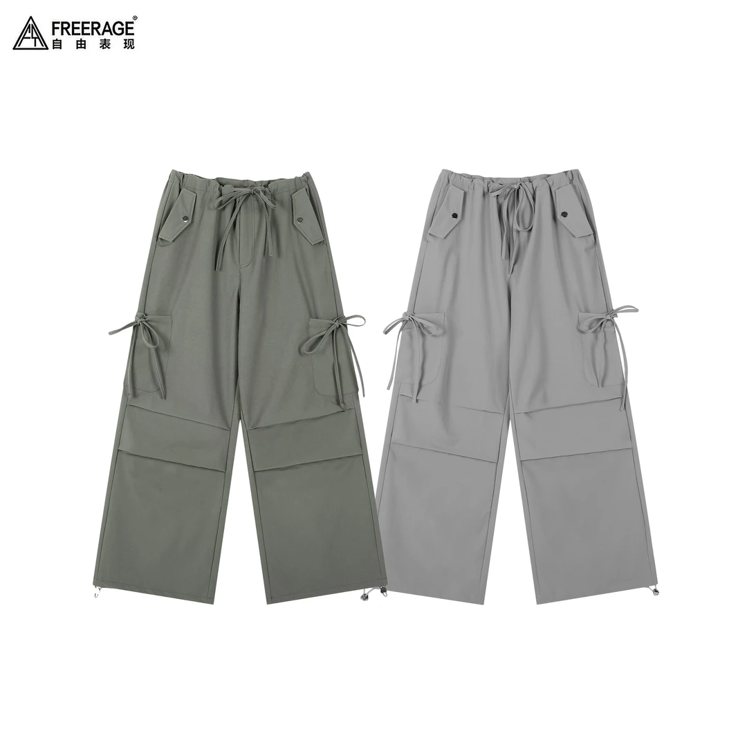 FreeRage/自由表现秋冬纯色设计侧边抽绳褶皱蝴蝶结工装休闲裤
